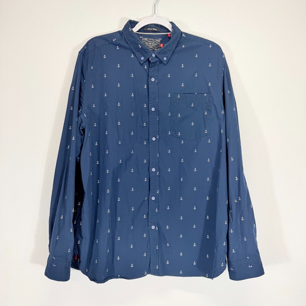 On The Road Mens Long Sleeve Slim Fit Anchor Print Button Down Navy Shirt XL